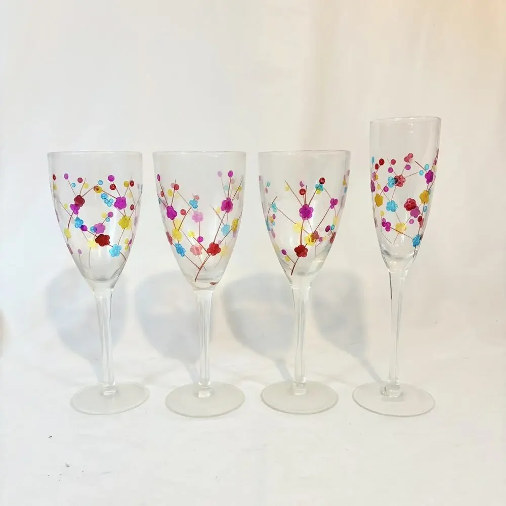 Pier 1 Cherry Blossom Flower Floral Water Wine Glasses Goblets + Flute Stemware